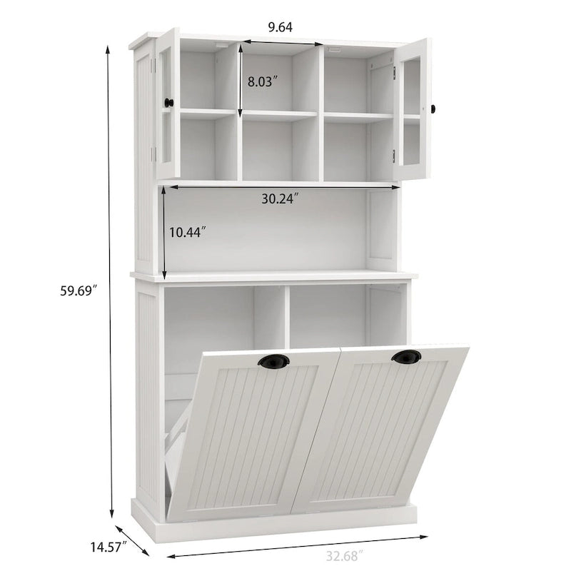 White 60 in. H Storage Cabinet, Two-Compartment Tilt-Out Dirty Laundry Basket Tall Bathroom Cabinet with 2 Adjustable Shelves