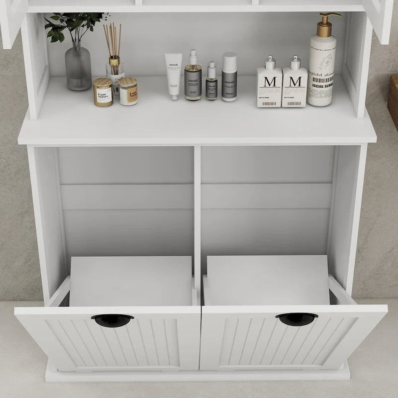 White 60 in. H Storage Cabinet, Two-Compartment Tilt-Out Dirty Laundry Basket Tall Bathroom Cabinet with 2 Adjustable Shelves