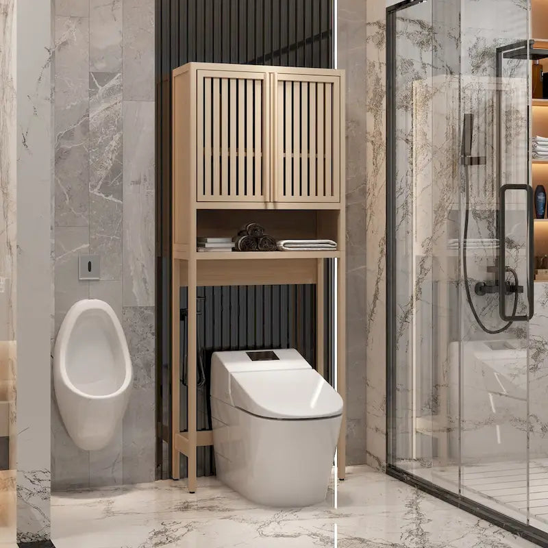 Over the Toilet Storage, 65 Tall Natural Bamboo Bathroom Shelf Organizer with 2 Door