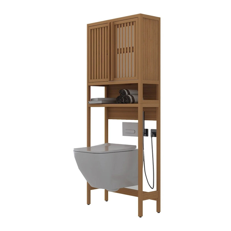 Over the Toilet Storage, 65 Tall Natural Bamboo Bathroom Shelf Organizer with 2 Door