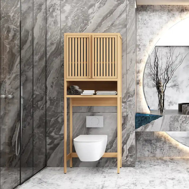 Over the Toilet Storage, 65 Tall Natural Bamboo Bathroom Shelf Organizer with 2 Door