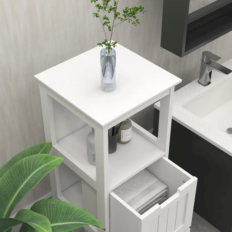 13W Narrow Floor Cabinet , 2-Drawer Bathroom Cabinet Organizer with Open Storage Shelf for Bath, Kitchen, Bedroom - White